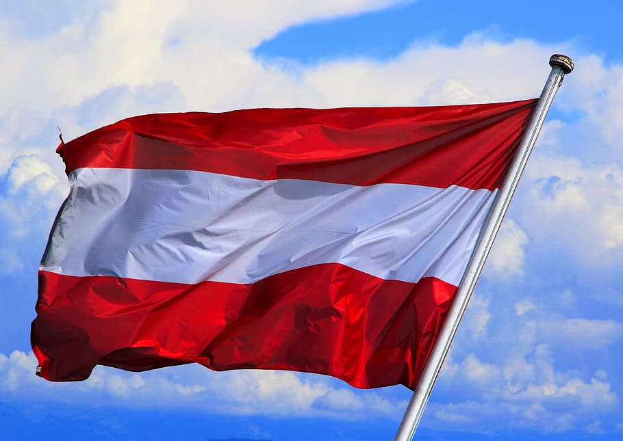 white, red, flag, austria, wind, patriotism, banner, flagpole, vienna, cloud - sky