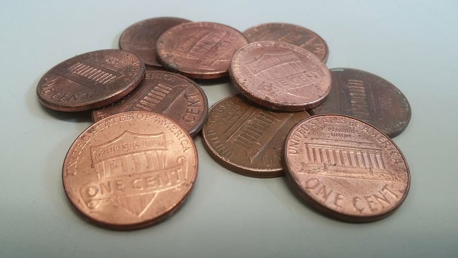 moedas de um centavo, centavo, moedas, moeda, dinheiro, mudança, um, americano, estados unidos da américa, finanças
