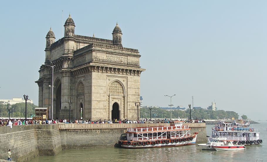 photography, two, boats, next, brown, concrete, building, daytime, gateway of india, monument