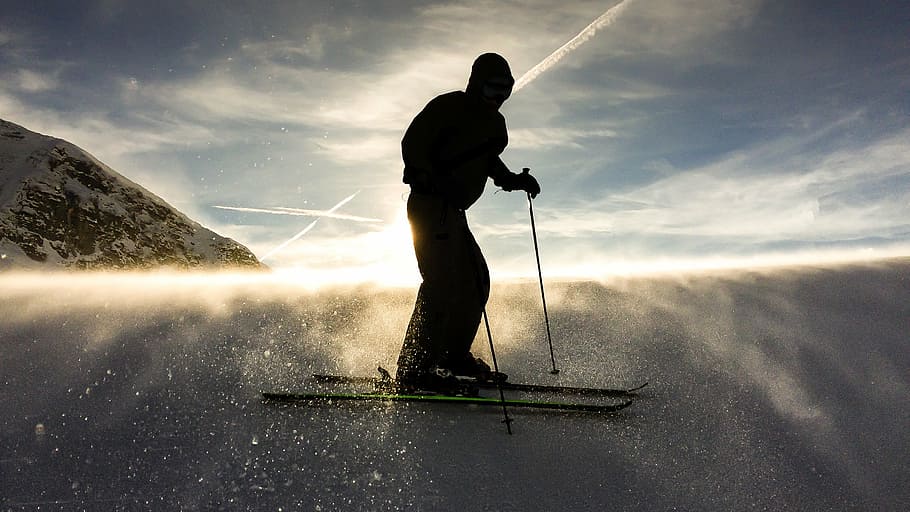 man ice, skating, blue, sky, daytime, snow, winter, skiing, people, man