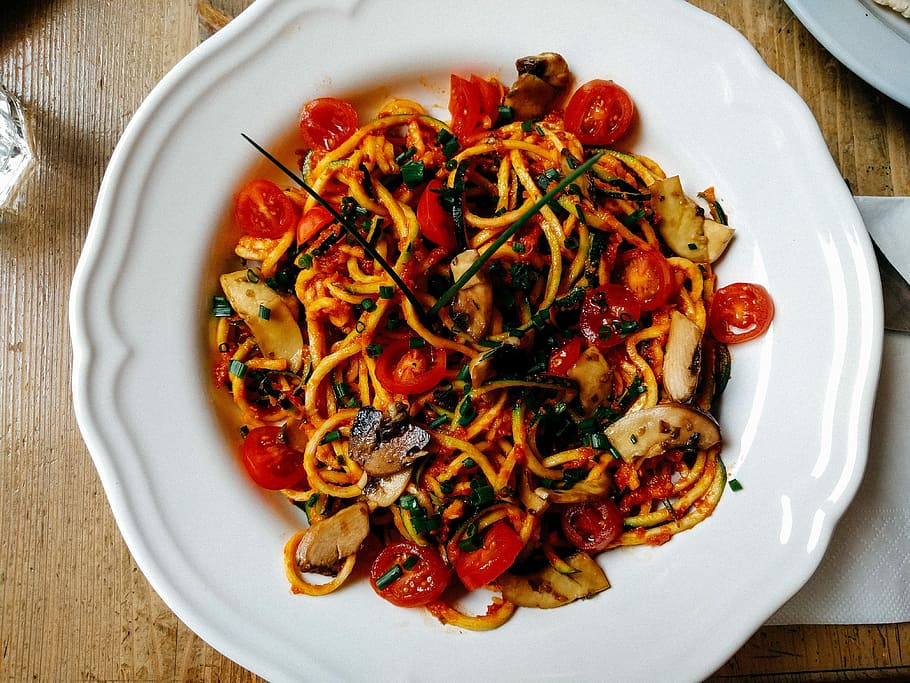 mushroom pasta, Mushroom, pasta, dinner, dish, lunch, meal, plate, spaghetti, tomato