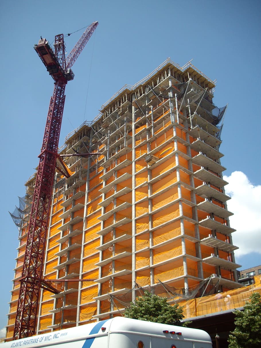 building construction, residential, development, crane, contractor, construction, building, city, concrete, blue