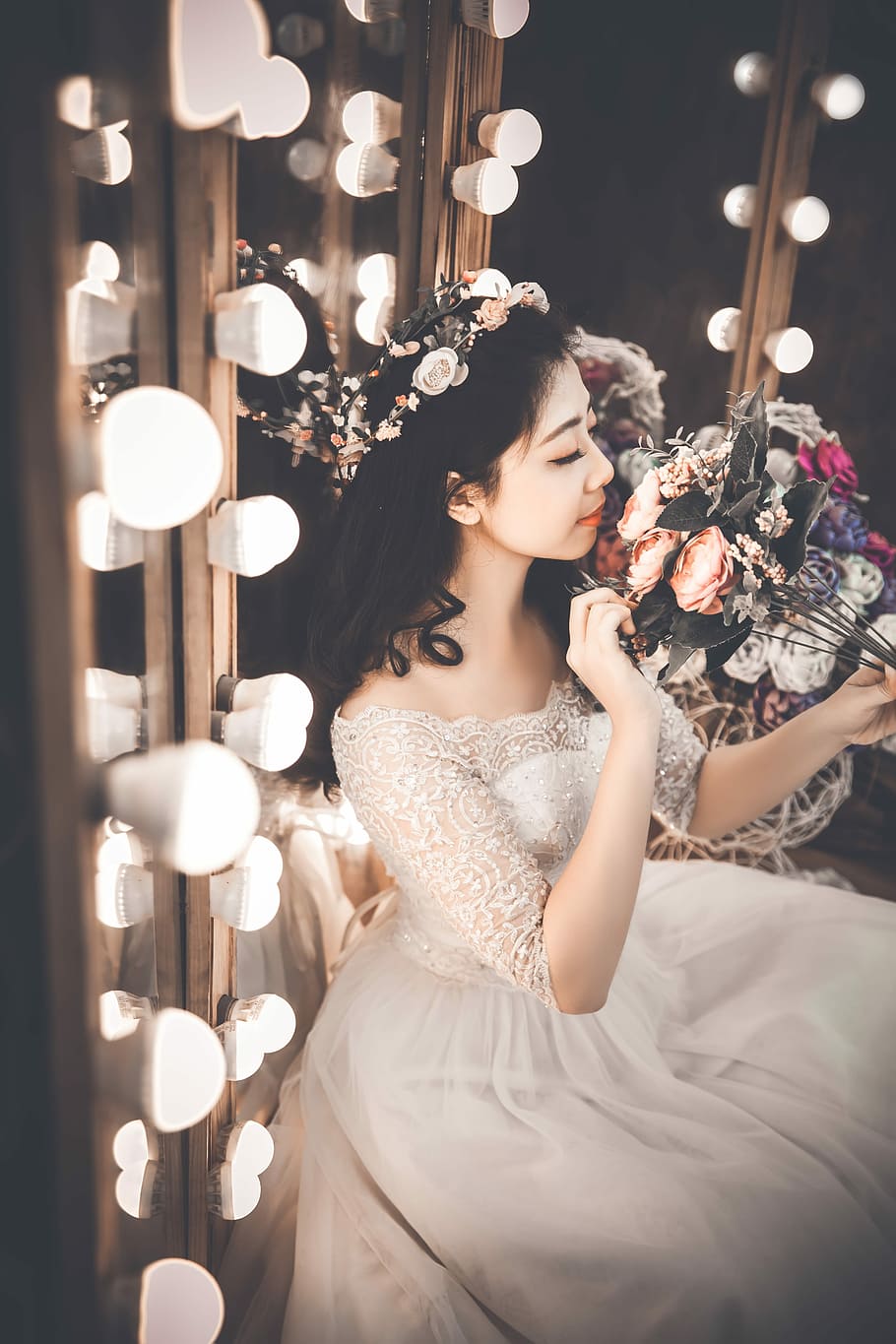 woman, white, dress, holding, bouquet, flowers, bride, wedding, beautiful, young