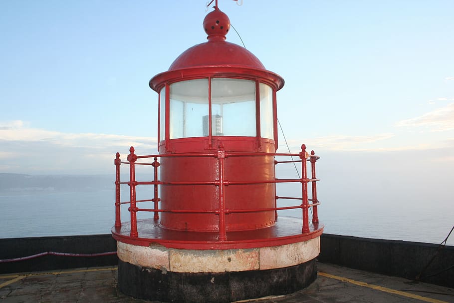 nazareth, lighthouse, macnamara, red, water, sea, sky, nature, safety, security