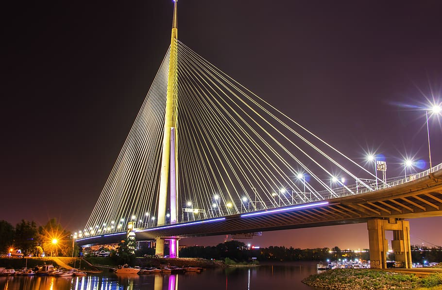 belgrade, ada bridge, arhitecture, bridge, structure, water, reflexion, landmark, bridge - man made structure, night