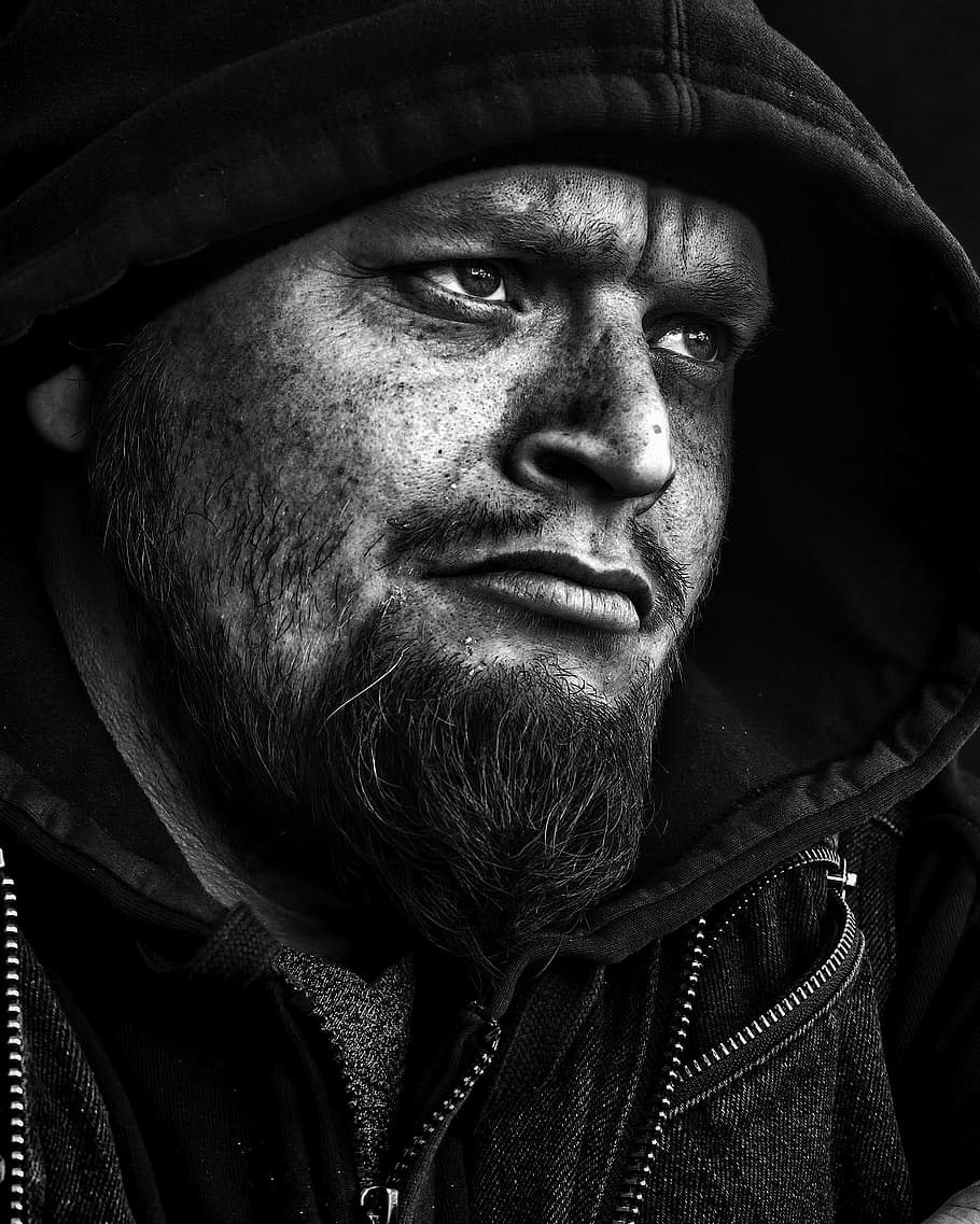 black, white, man, hooded jacket, people, homeless, male, youth, person, poverty