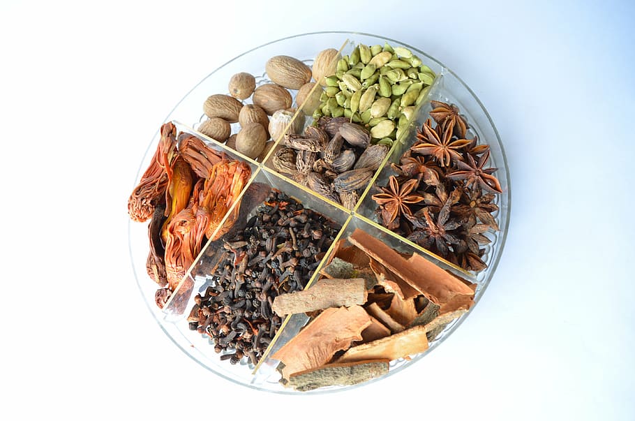 assorted, spices, glass plate, bowl, cardamon, food, ingredients, cooking, flavor, indian