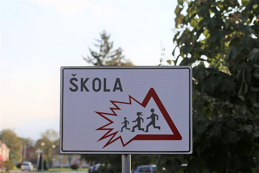 tanda sekolah, bahaya, keselamatan, anak-anak di jalan, sekolah, mengemudi dengan hati-hati, perlindungan, tanda jalan, perhatian, komunikasi