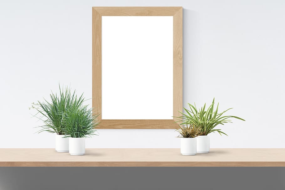 rectangular, brown, wooden, frame wall decor, spider plant, mockup, wall, poster, mock, frame