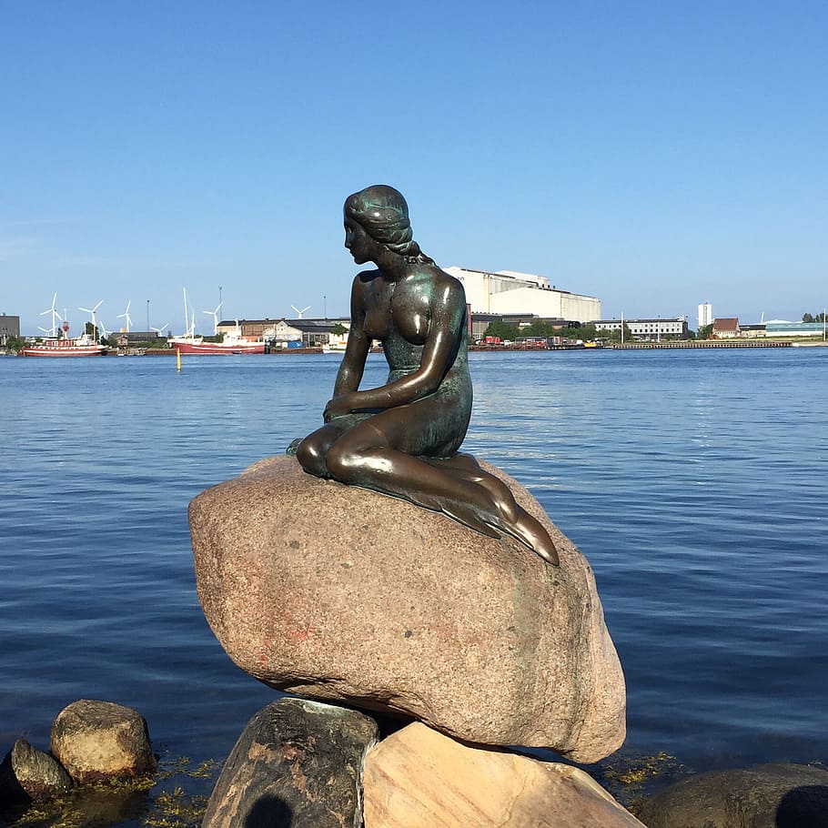 mermaid statue, body, water, daytime, siren, denmark, copenhagen, sea, kobenhavn, statue