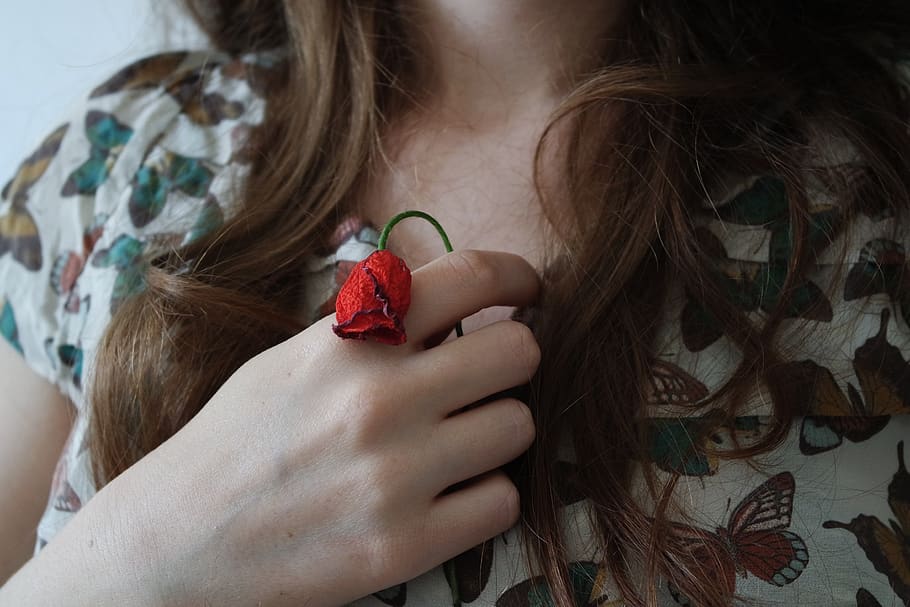 hands, chest, girl, people, hair, red, flower, one person, women, holding