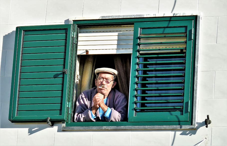 window, shutters, peep, smoking, unhealthy, watch, curious, quiet, relaxed, south europe