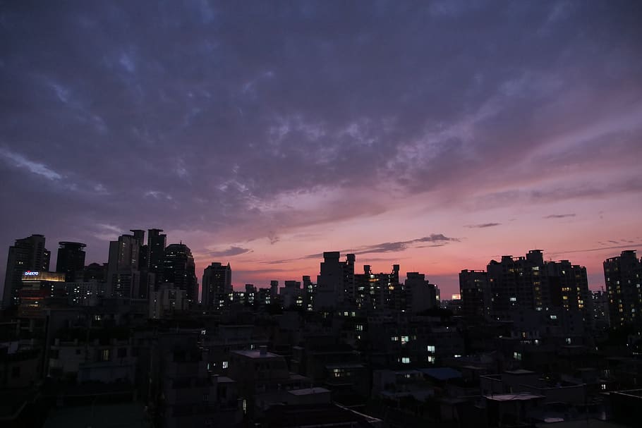 puesta de sol, ciudad, seúl, arquitectura, crepúsculo, edificio, cielo, exterior del edificio, estructura construida, nube - cielo