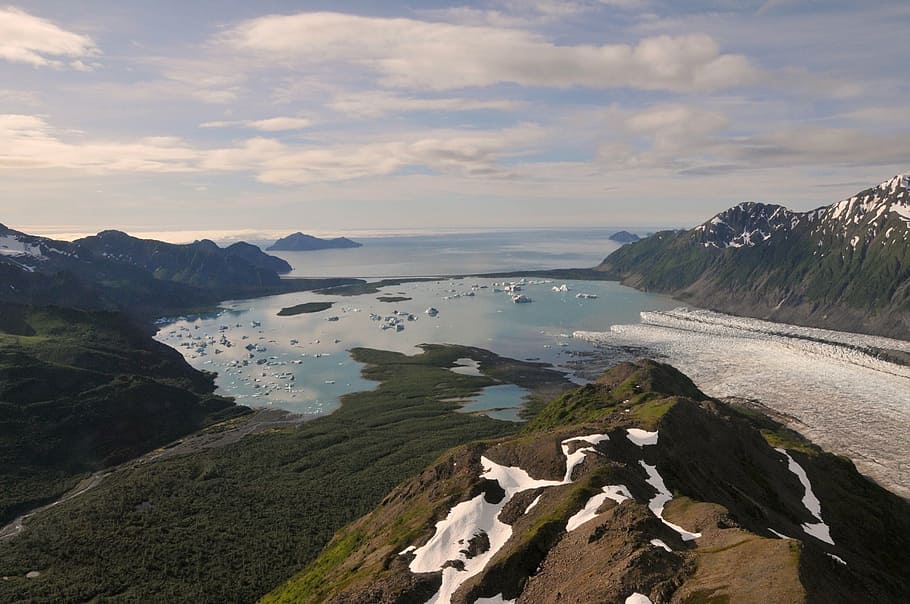 geleira de urso, paisagem, oceano, gelo, neve, água, parque nacional dos fiordes do kenai, alasca, estados unidos da américa, nuvens