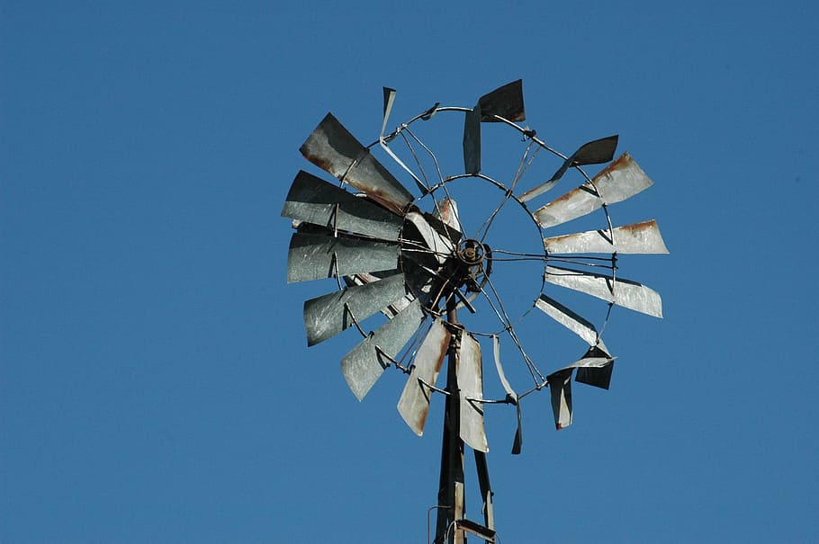 Molino de viento, roto, viejo, rural, granja, azul, agricultura, abandonado, tradicional, turbina
