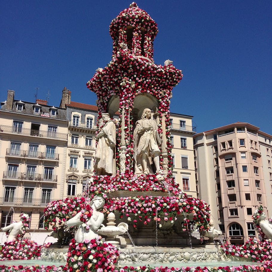 Fonte, Monumento, Flores, Rosas, Lyon, França, Exterior do edifício, Natal, Arquitetura, Estátua