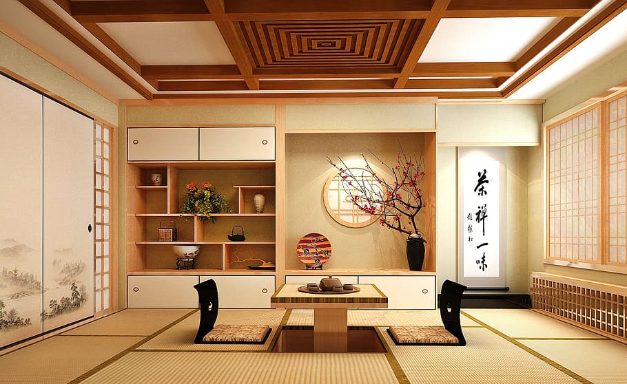 white, brown, wooden, chabudai table, inside, room, japanese, tatami, effect picture, indoors