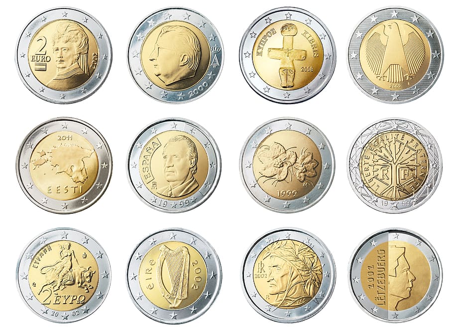 round silver-and-gold-colored coin collection, euro, 2, coin, currency, europe, money, wealth, business, finance