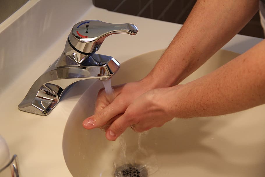 person, washing, hands, faucet, sink, washing hands, water, hygiene, wash, clean