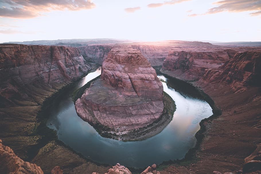 horseshoe, bend, river, water, landscape, view, nature, cloud, sky, beauty in nature