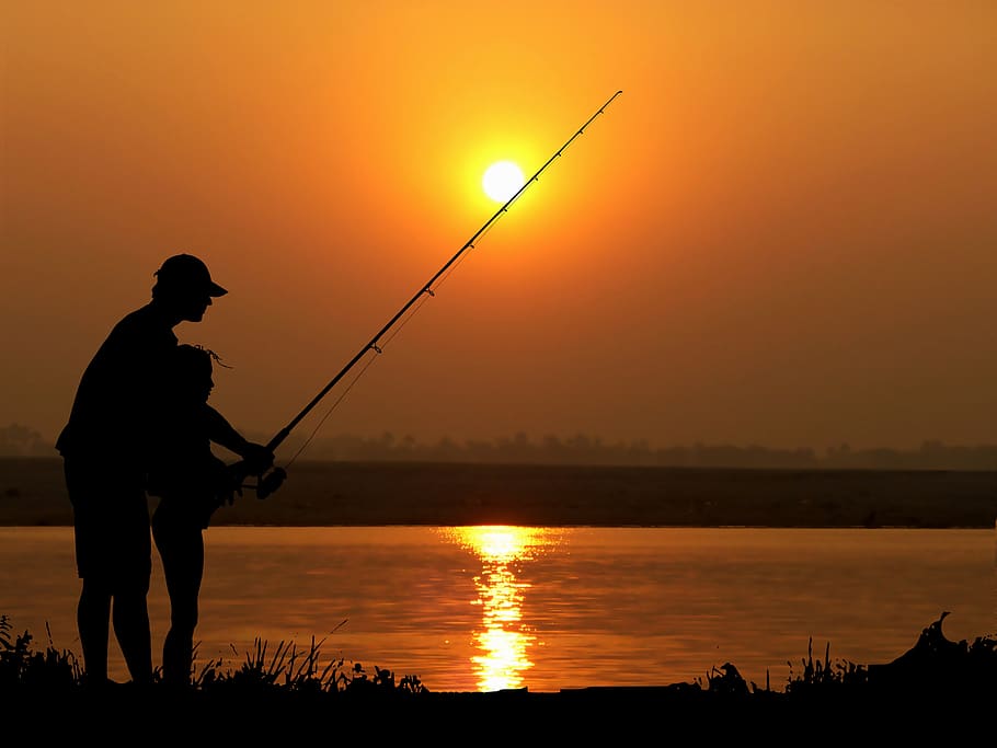 sunset, fishing, sea, water, sky, landscape, ocean, twilight, fisherman, silhouette