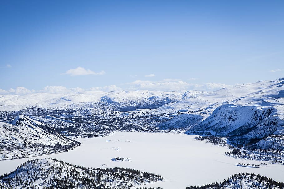 fotografía de alto ángulo, campo de nieve, montañas, nieve, invierno, blanco, frío, clima, hielo, árboles