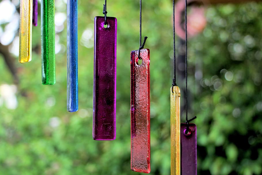 macro photography, assorted, hanging, decorations, color, glass, purple, colorful, blue, decorative