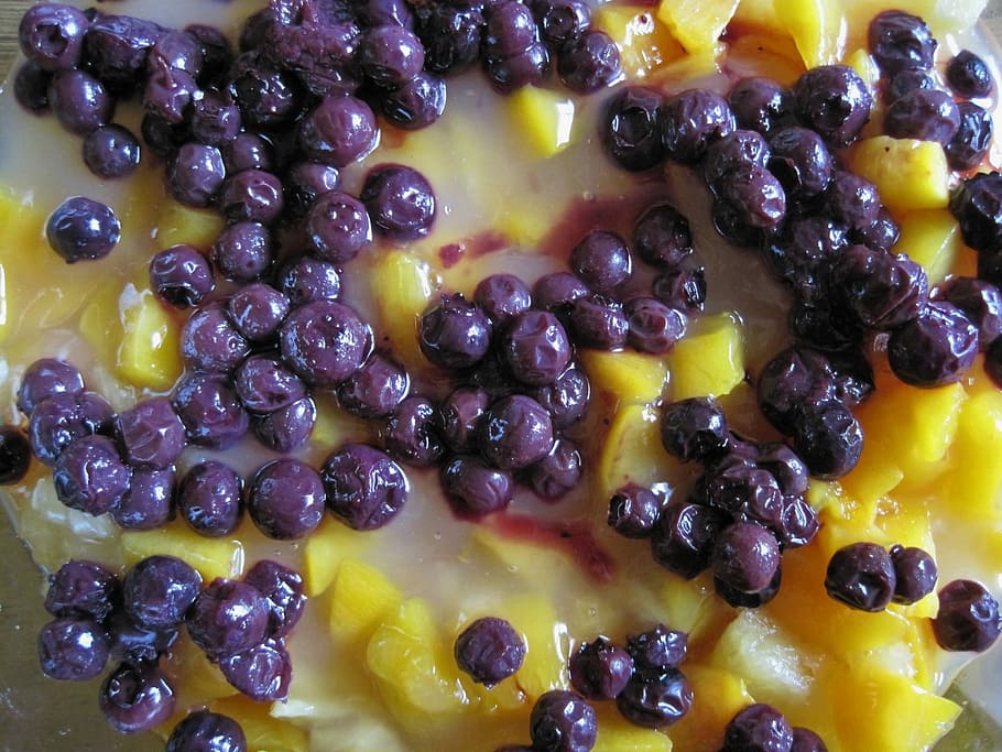 Layer, Fruit, Peaches, Yellow, Berries, purple, pieces, trifle, food and drink, food