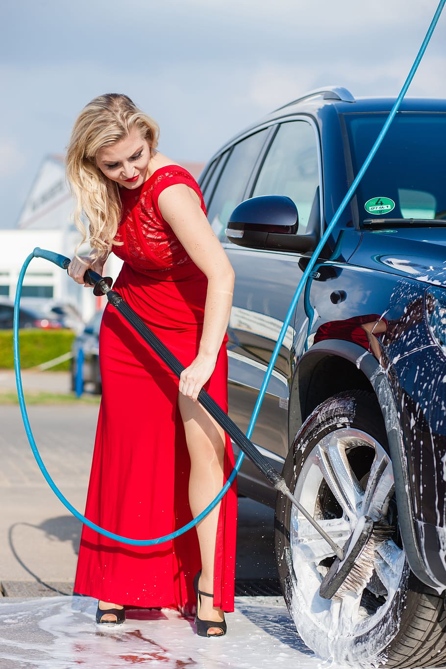 woman, wearing, gown, washing, vehicle, auto, wash, clean, car wash, mode of transportation