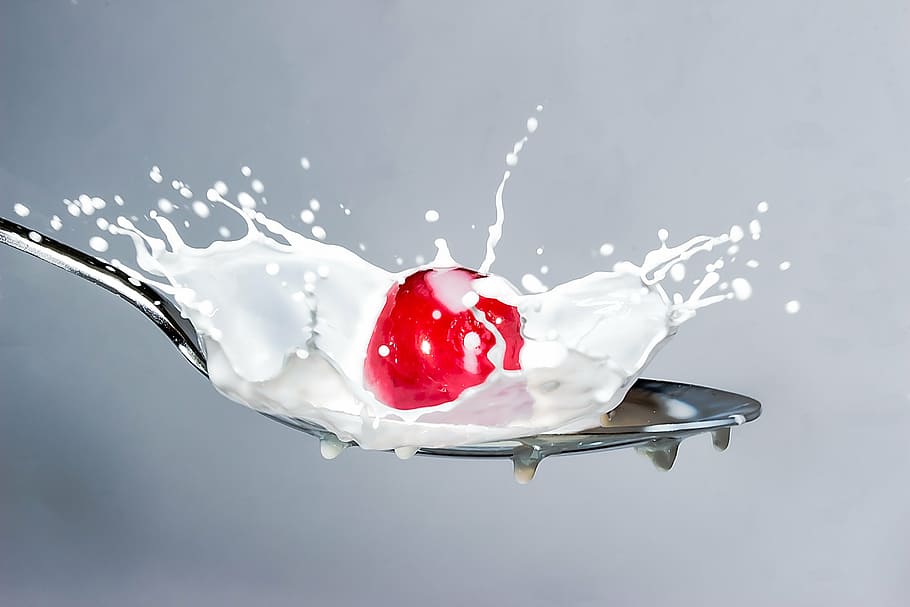 cherry, milk, poured, spoon, milk splash, spray, falling cherry, splash, drip, drops of milk