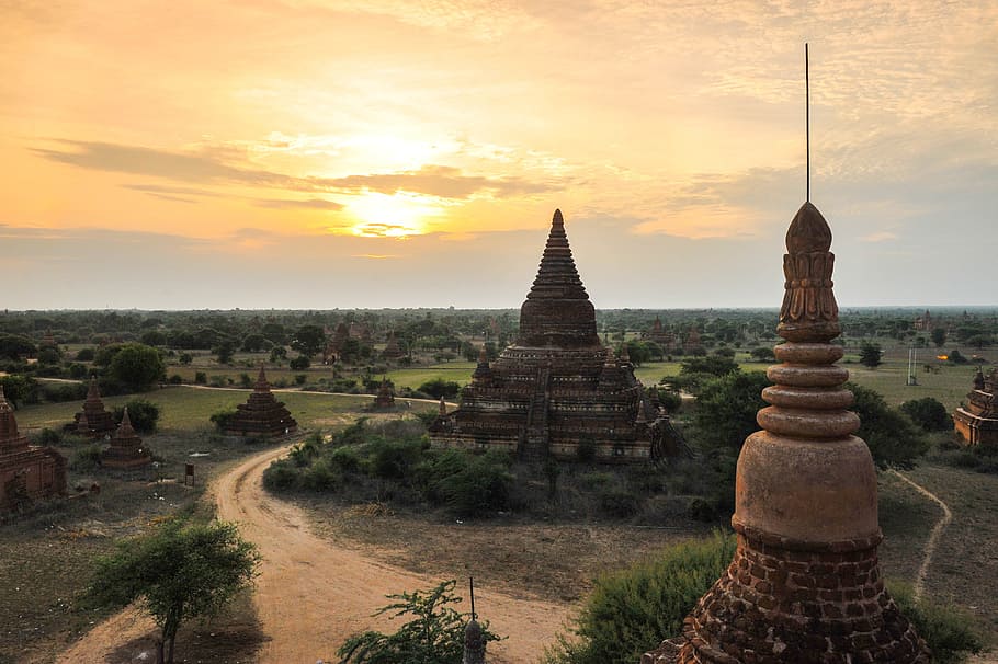 Myanmar, Bagan, Birmania, Asia, Viajes, paisaje, Buda, puesta de sol, arquitectura, cielo
