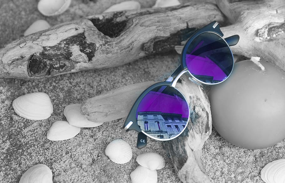 closeup, sunglasses, drift wood, purple, reflection, fashion, summer, woman, style, girl