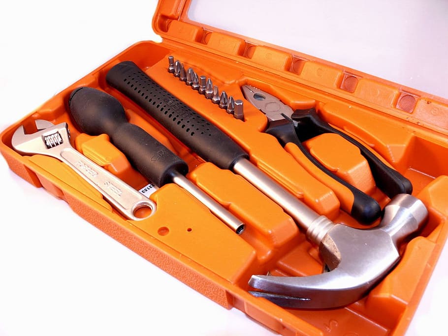black, handled, claw hammer, orange, case, kit, tools, bits, hammer, nail