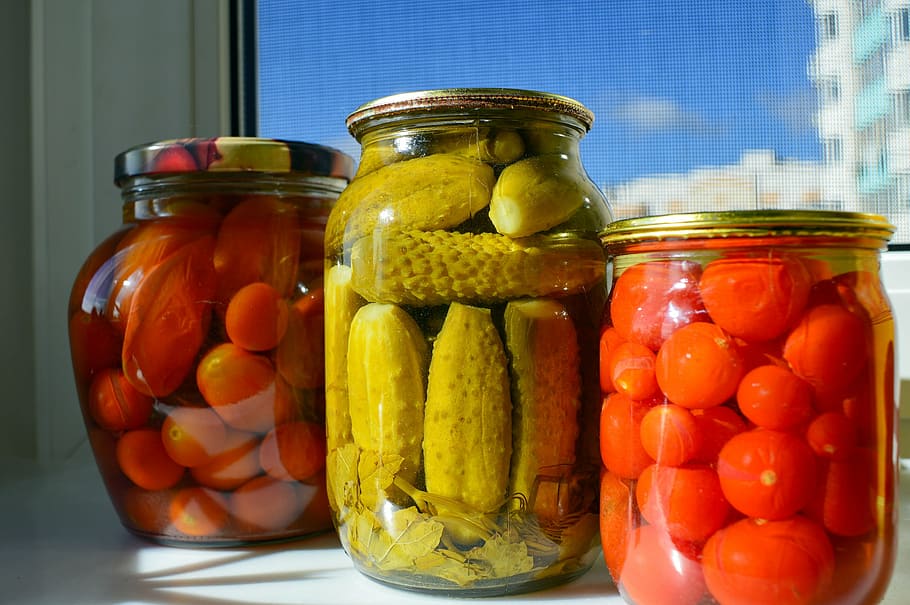 three, fruits, jars, pickles, billet, cucumbers, canned tomatoes, glass jars, conservation, red