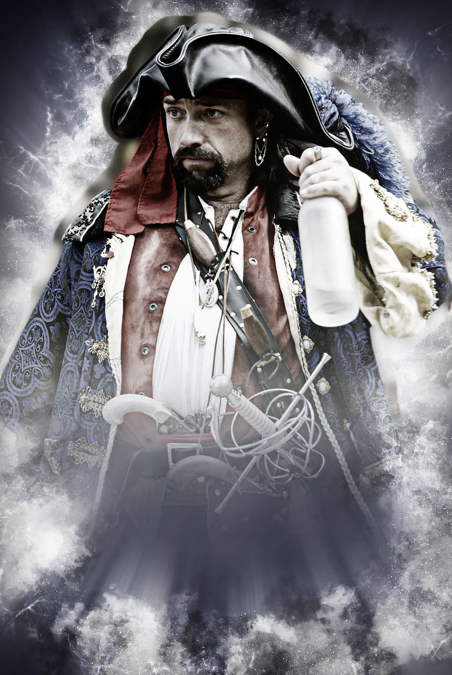 pirate, bottle, rum, buccaneer, captain, costume, hat, sailor, sword, person