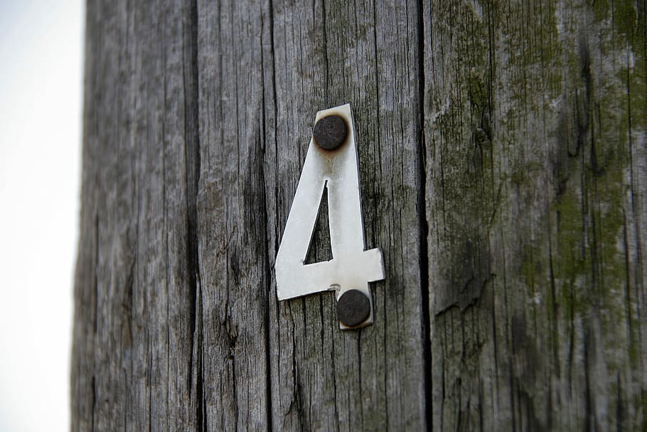 Number Four, Four, Four, Old Wood, four, old, wooden pole, wood - material, tree trunk, day, close-up