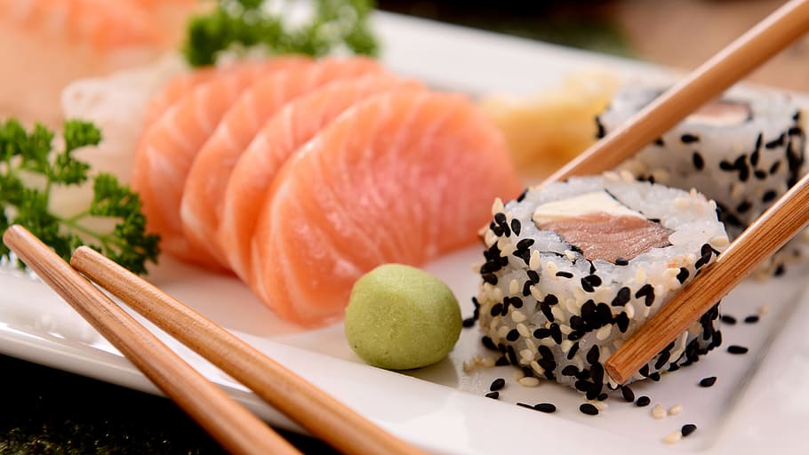 sushi, sashimi, white, ceramic, plate, asia, chinese, eat, restaurant, exotic