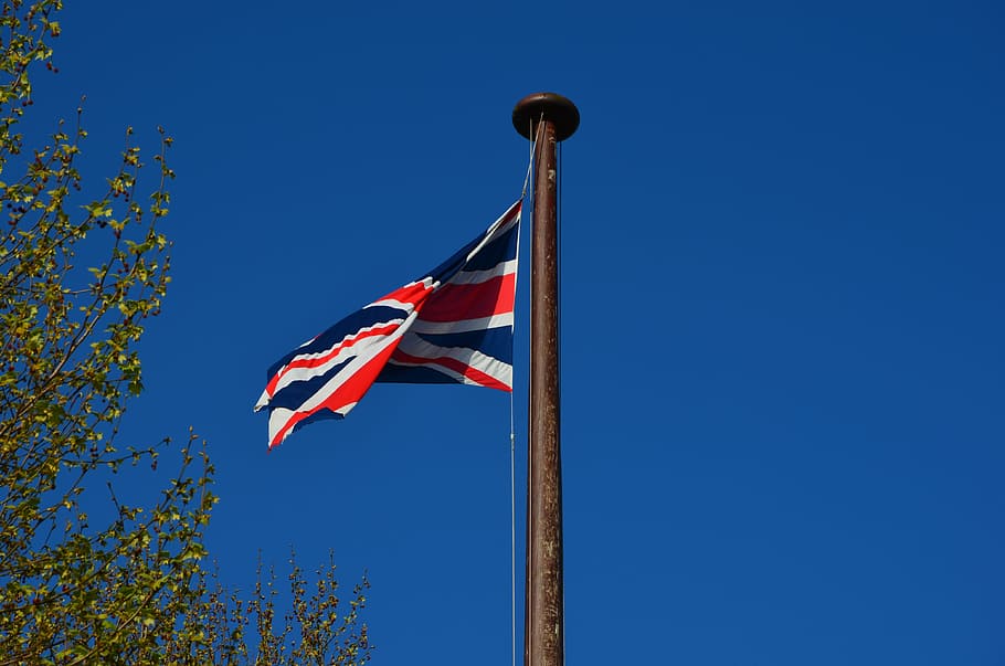 flag, london, england, united kingdom, capital, patriotism, sky, blue, low angle view, clear sky