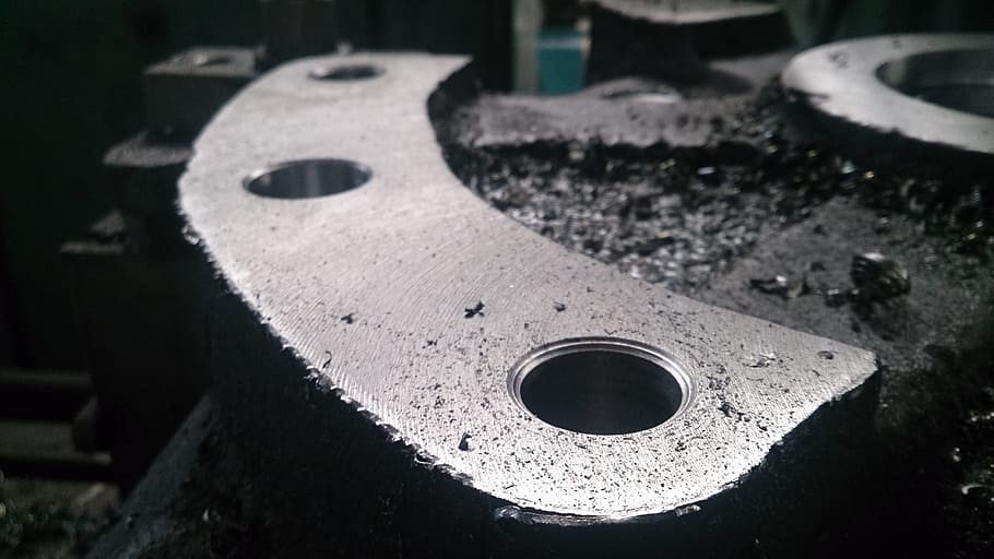 grey, metal tool, three, holes, milling, drilling, production, machining, steel, industry