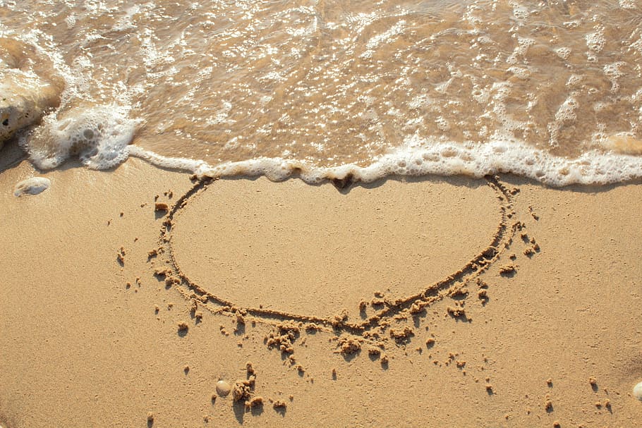 heart, beach sand, sand, sea, summer, beach, wave, drawing, love, vacations