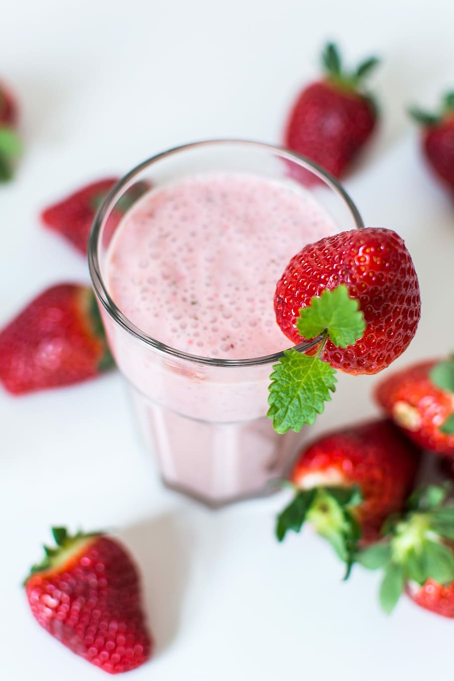 strawberry mint milkshake, Strawberry, mint, milkshake, close up, colorful, drink, homemade, strawberries, white background