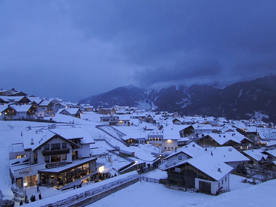 crepúsculo, paisagem de neve, de inverno, vila, vila alpina, montanhas, romance, humor, hora azul, tarde