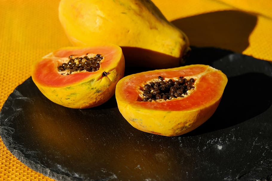 papaya, fruit, cut, half, vitamins, eat, cut in half, food, freshness, ripe