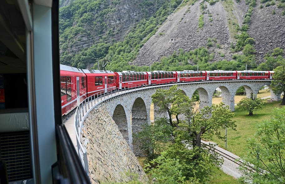 Train, Switzerland, Alpine, Bridge, railway, mountains, pass, viaduct, train tracks, nature