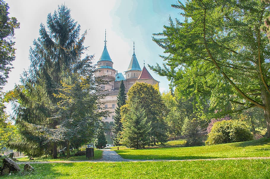 bojnice castle, slovakia, lock, tree, plant, built structure, architecture, building exterior, place of worship, building