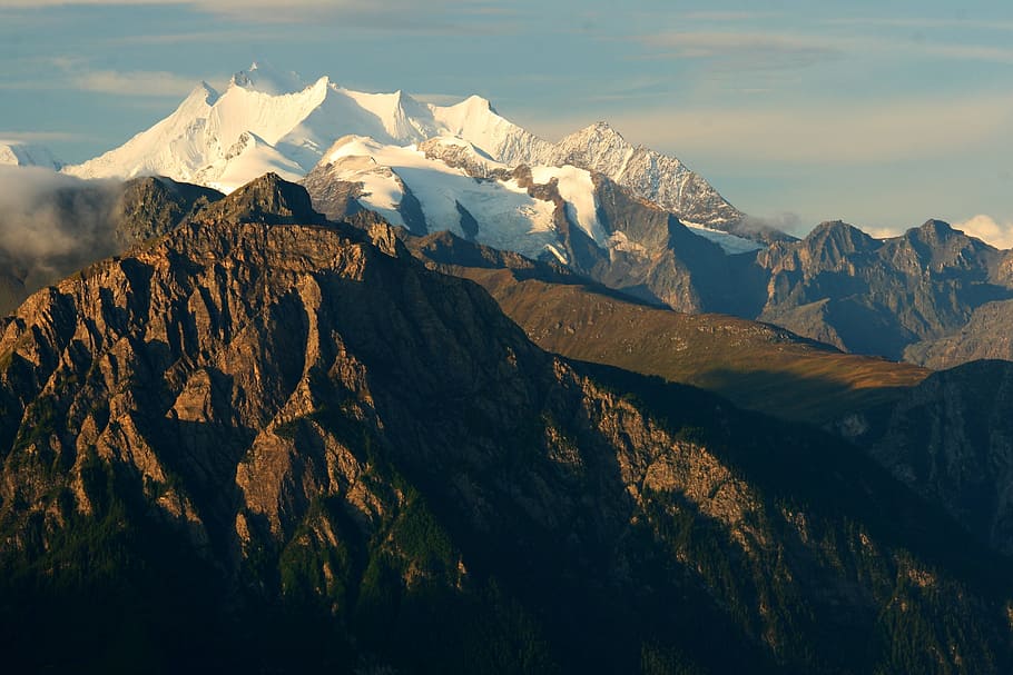 朝の光, 高山, ヴァレー, 朝の太陽, スイスの頂上, 山, 自然の美しさ, 風景-自然, 空, 静かな情景