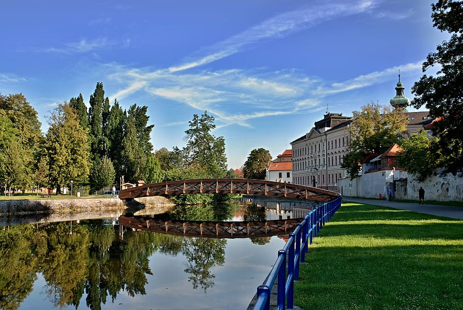 czech budejovice, south, bohemia, Czech, Budejovice, South Bohemia, billabong, bridge to the swimming pool, zátkovo waterfront, czech high school