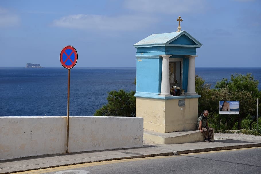 malta, gozo, sea, coast, mediterranean, blue, image stock, stopping, transport panel, road sign