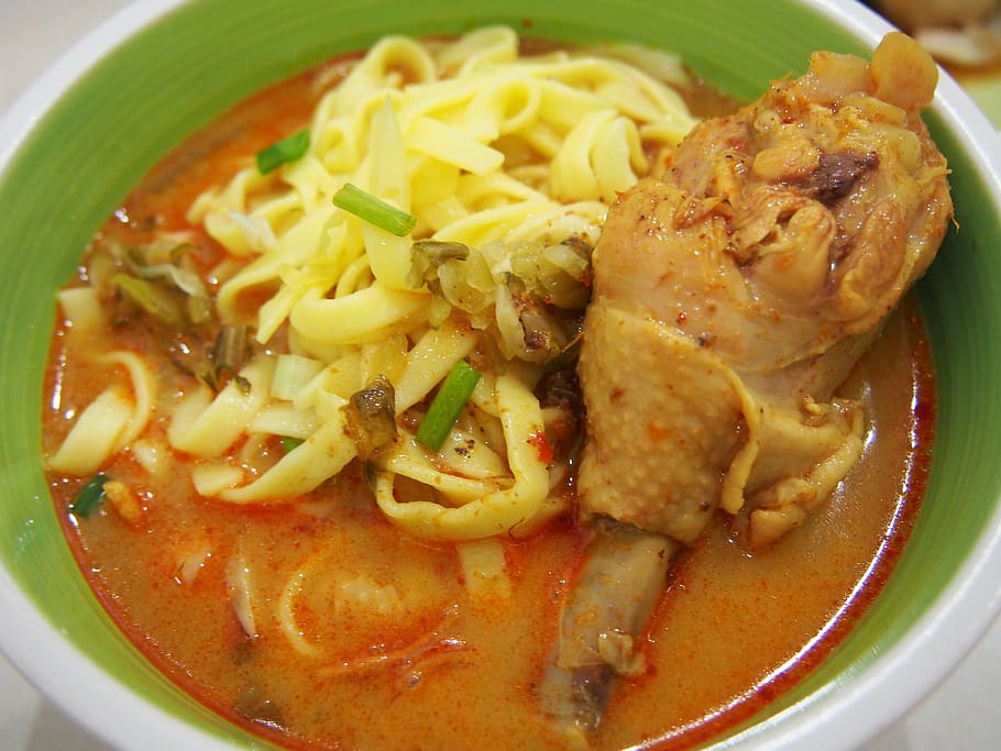 pollo cocido, curry, ข้าวซอย, fideos, comida tailandesa, tailandés, tailandia, khao sawy, norte de tailandés, pollo