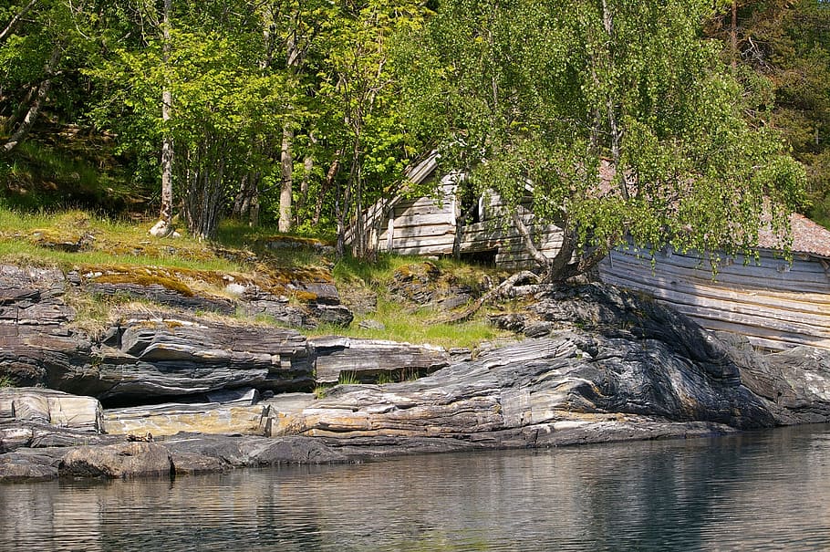 Noruega, fjordlandschaft, montañas, paisaje, naturaleza, primavera, vacaciones, norte, verde, cabaña de troncos